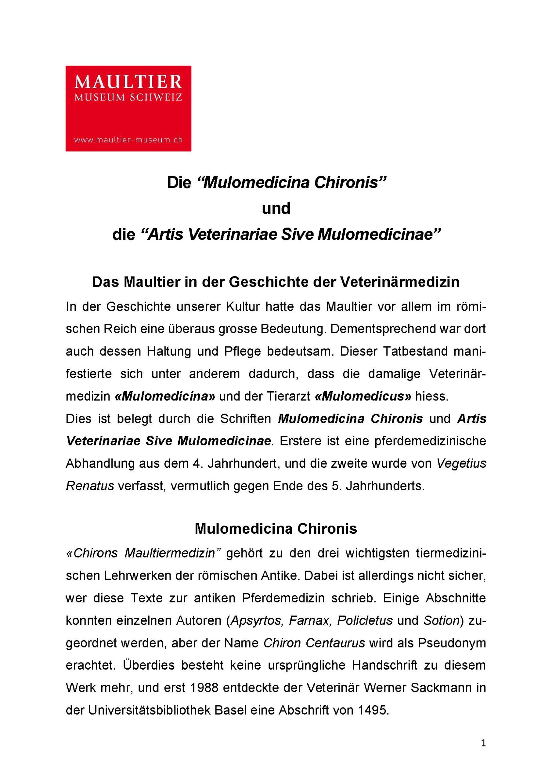 Die Mulomedicina Chironis und die Artis Veterinariae Sive Mulomedicinae